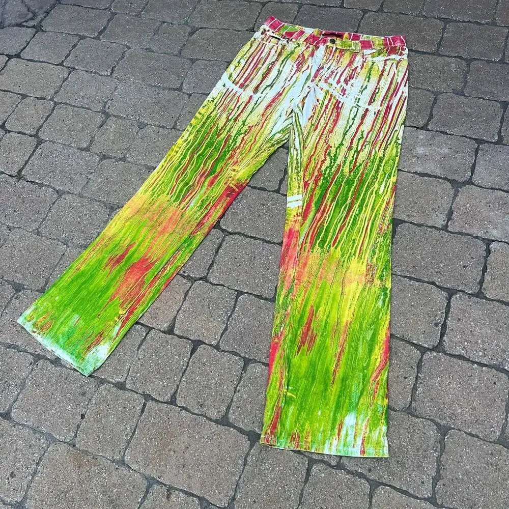 Roberto Cavalli Vintage Multi-Color Drip Paint Print Denim Jeans